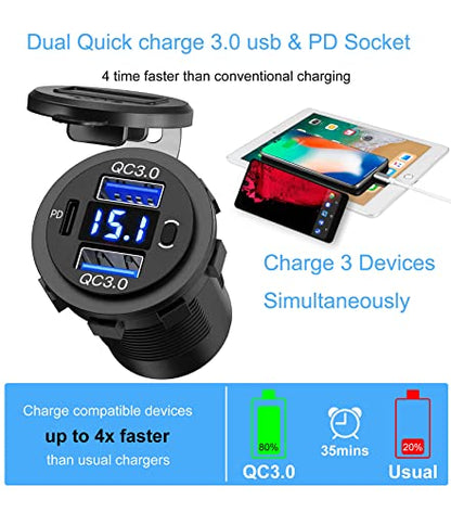 2 Pack 12V USB Outlet, QC3.0 & PD Dual Car Charger with Voltmeter & Switch - color: 2QC+1PD