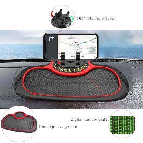 Multifunction Car Anti-Slip Mat, Rotatable Auto Phone Holder Anti Skid Pad with Temporary Parking Number, Universal Extra Large Dashboard Pad for Keys Coins Electronic Devices