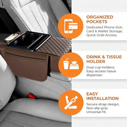 Car Center Console Armrest Pillow, 5-in-1 Armrest Box Cover with Cup Phone Holder & Storage Pocket Tissue Box, Multifunctional Auto Middle Console Arm Rest Protector, Universal Fit (Coffe) - color: Coffee