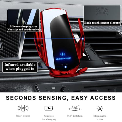 Wireless Car Charger, 15W Fast Charging Air Vent Mount Auto-Clamping Phone Holder, Automotive Electric Induction Charger 360° Rotating Magnetic Vent Mount Bracket for Smartphones (Red) - color: Red