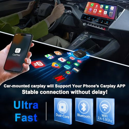 Wireless Carplay Adapter with YouTube, 2025 Carplay Wireless Adapter & Android Auto Dongle Easy to Setup,5GHz WiFi,Video Box Convert Wried to Wire Less Car Play Stream to Your Car