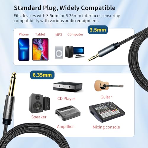 RIVIERA 20FT/6M 3.5mm 1/8" TRS to 6.35mm 1/4" TS Cable Braided Sheild Pure Copper Wire 24K Gold Plated Low Noise Cable with Braided Nylon Jacket for Digital Players & Musical Instruments 20FT - color: 1/4-1/8 TRS Black, size: 20FT/6.0M