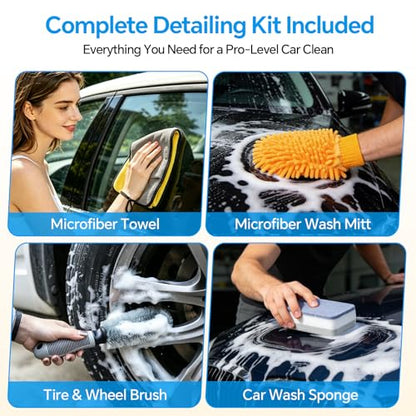 7-in-1 Car Wash Kit with 20L Folding Bucket & Brush – Car Wash Mop with Long Handle, 15° Curved Aluminum Pole for SUV Roof, Car Washing Brushes & Cleaning Supplies, RVs-White. - color: White