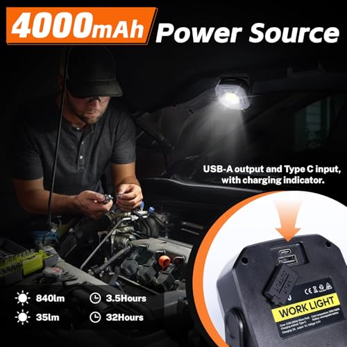 KunHe 3 Pack 4000mAh 840 Lumens Magnetic Rechargeable Work Light Stepless Dimming Magnetic Car Light Mechanic 32 Hours Long Runtime Magnetic Shop Light 330° Rotatable Portable Lamp with Hook