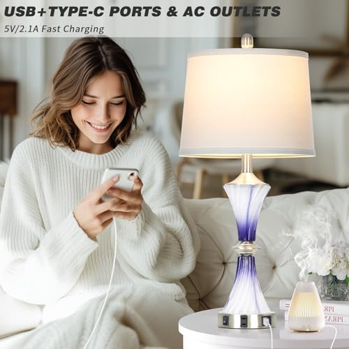 Rinweey Purple Glass Table Lamp Set of 2 with USB C+A Ports & AC Outlet, Bedside Lamp, Modern Bedroom Lamps, Crystal Lamp for Night Stands Bedroom Living Room,Nightstand Lamp LED Bulbs Included - color: Purple