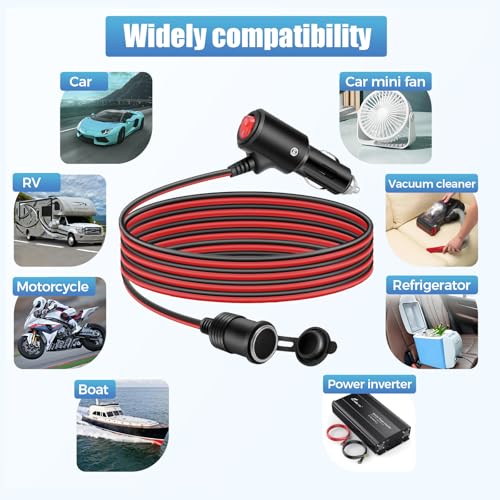 3.3Ft/1M Cigarette Lighter Extension Cord with On Off Switch 12V/24V Male to Female Socket 16AWG Heavy Duty Extension Cable - size: 1m/3.3ft