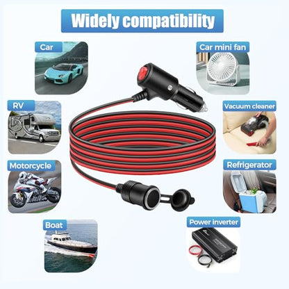 3.3Ft/1M Cigarette Lighter Extension Cord with On Off Switch 12V/24V Male to Female Socket 16AWG Heavy Duty Extension Cable - size: 1m/3.3ft