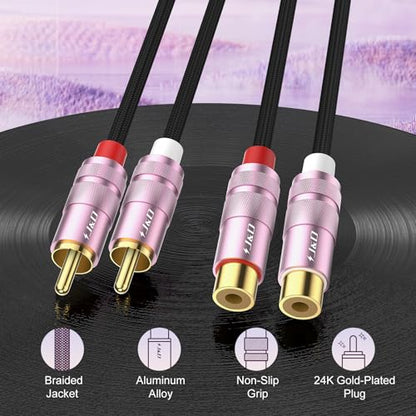 J&D 2 RCA Extension Cable, Nylon Braided 2 RCA Male to Female Stereo Audio Extension Cable, Gold Plated Connector for Speaker, TV, Amplifier, Audio Mixer, 6 feet - size: 6 feet