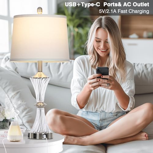 Rinweey Crystal Glass Table Lamp Set of 2 With USB C+A Ports & AC Outlet - White Clear Modern Bedroom Lamps for Night Stands, Living Room - Silver Nightstand Lamps With LED Bulbs Included - color: Silver