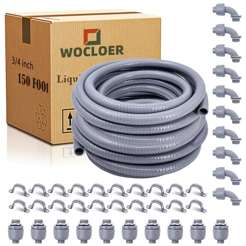 3/4 inch 150 Foot Liquid-Tight Conduit and Connector Kit, Flexible Non Metallic Electrical Conduit, With 10 Straight and 10 Angle Fittings and Pipe Strap - size: 3/4inch 150Ft