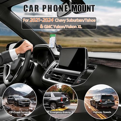 Car Phone Mount for 2021-2024 Chevrolet‌ Suburban/Tahoe & GMC Yukon/Yukon XL, Smart Auto-Clamping on 10.2" Touchscreen, 15W Wireless Fast Charging, Premium Aluminum Holder, Without Blocking Airflow - size: for Chevrolet Suburban | 2021-2024