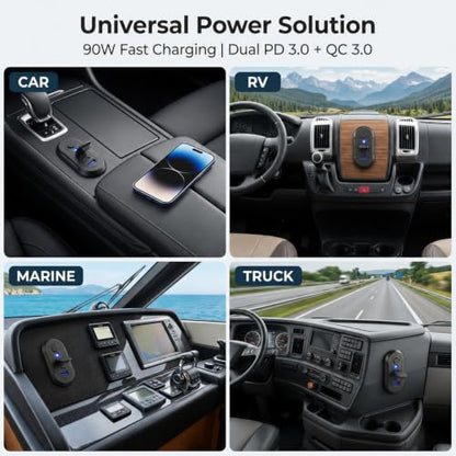 90W 12V RV USB Outlet 3 Port Wall Mount Quick Car Charger Waterproof - color: Black, size: 1P