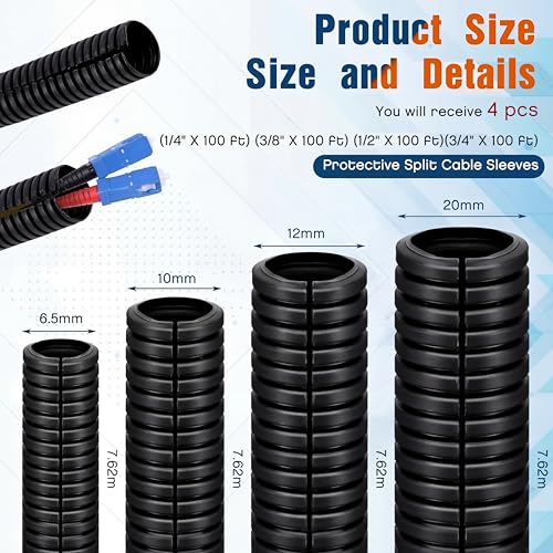 Sasylvia 1/4, 3/8, 1/2, 3/4'' X 25 ft Split Wire Loom Cord Protector Tubing Split Conduit Protector Tubing Convoluted Tube Flexible Electrical Wire Cover Protective Sleeves(Black) - size: 1/4", 3/8", 1/2", 3/4" x 25 ft