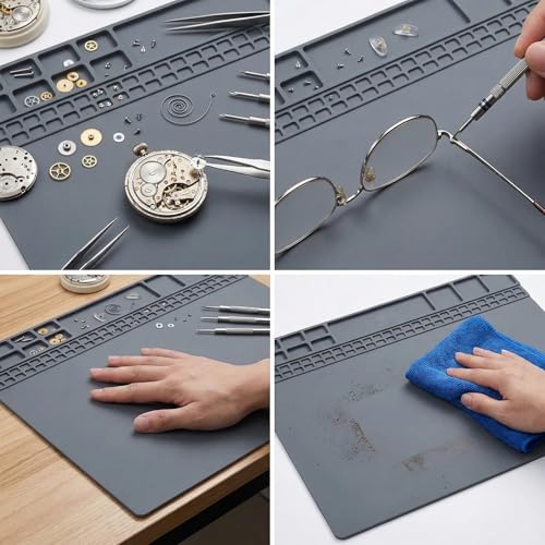 Silicone Repair Mat Non-Slip Workbench Pad for Soldering Heat Gun and Electronics Repair Anti-Static Desk Organizer for Watchmaker DIY and Phone Maintenance (Gray)