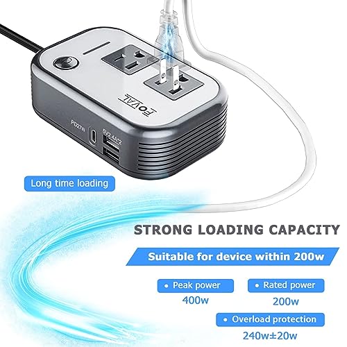 FOVAL 200W Car Power Inverter, DC 12V to 110V AC Car Laptop Charger Fast Charger Converter with [27W PD USB-C] & Dual USB Ports Multi-Protection Car Outlet Adapter Power Inverter for Vehicles