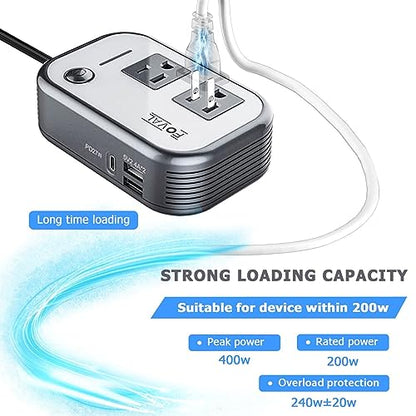 FOVAL 200W Car Power Inverter, DC 12V to 110V AC Car Laptop Charger Fast Charger Converter with [27W PD USB-C] & Dual USB Ports Multi-Protection Car Outlet Adapter Power Inverter for Vehicles
