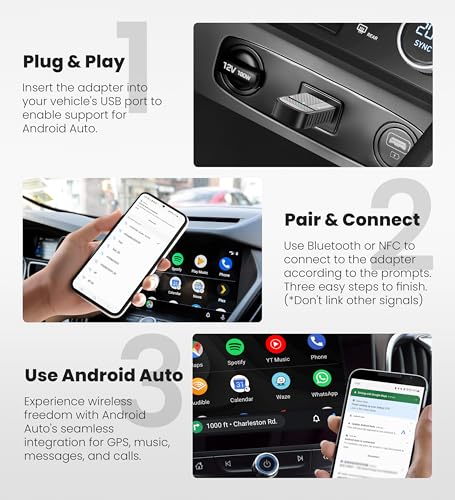 Bytewave Wireless Android Auto Adapter, USB A/C Car Dongle with NFC & WiFi