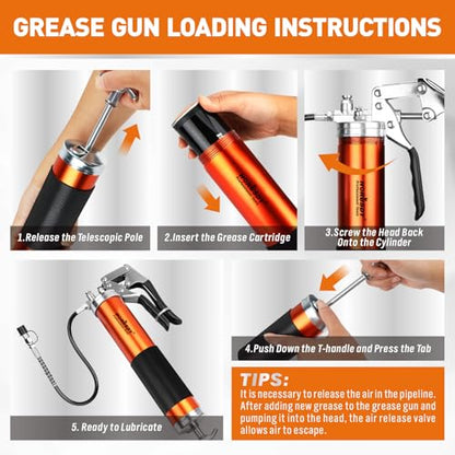 18-Piece 8000PSI Heavy Duty Grease Gun Kit with 14oz Grease, 2x11" Hoses, Flex Hose, Extension Pipes, Lock Coupler, Injector, Sharp Nozzle for Vehicle, Farm, Workshop, Marine, Easy Operation Tool