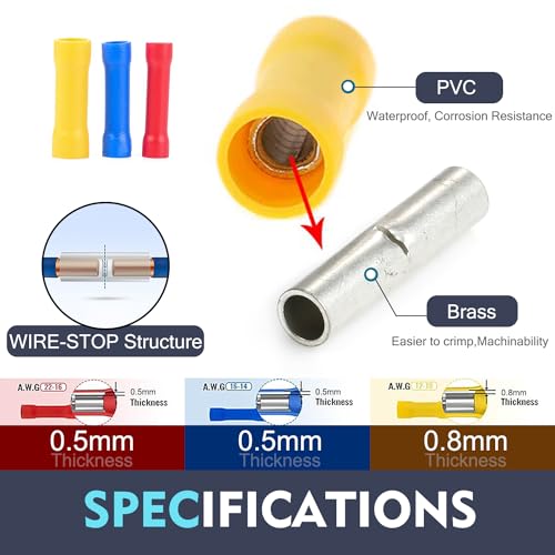 Chanzon 150pcs UL Buttet Connectors Kit 10 12 14 16 18 22 AWG PVC Insulated - size: Butt Splice Assorted, style: 22-10AWG All Sizes