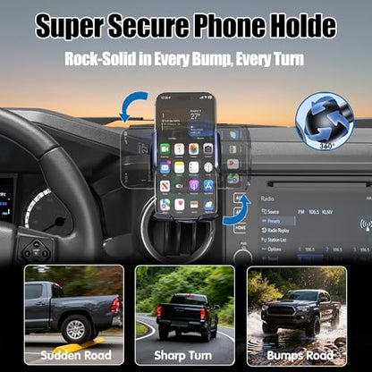Car Phone Mount for Toyota Tacoma 2016–2023, Smart Auto-Clamping on Custom Dashboard Base, 15W Wireless Fast Charging, 360° Adjustable, Without Blocking Airflow, Toyota Tacoma Essential Accessories - size: for Toyota Tacoma | 2016-2023