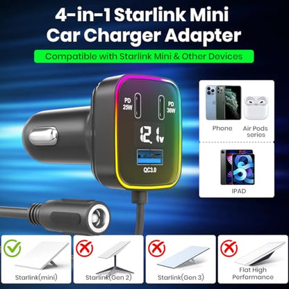 4-in-1 Starlink Mini Car Charger Adapter | 12V-24V Cigarette Lighter to DC5521 + QC3.0 USB-A + Dual USB-C PD (25W & 36W) | Compatible with Starlink Mini & Other Devices (Car Charger with DC Port)
