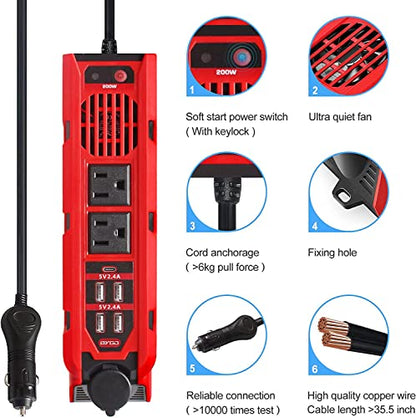 BYGD 200W Car Power Inverter DC 12V to 110V AC Car Adapter Outlet Converter - color: Red