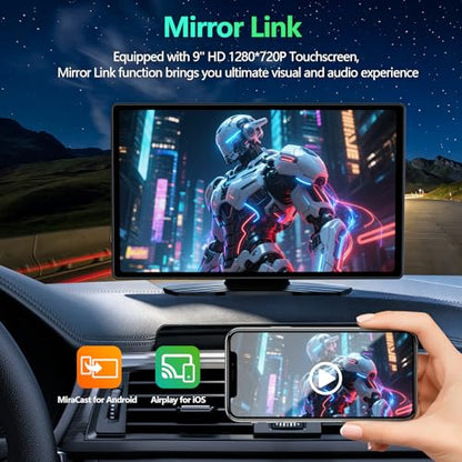 Wireless CarPlay Screen for Car, 9 Inch Portable Touchscreen for Apple CarPlay & Android Auto, Plug & Play, OTA Updates, Backup Camera & Screen Mirroring, Voice Control, GPS, Bluetooth 5.0, FM/AUX