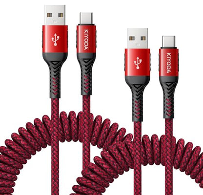USB A to USB C Cable Coiled USB C Cable for Car Braided USB to USB C Cable - color: Red, size: 3FT - 2Pack, style: USB A to USB C
