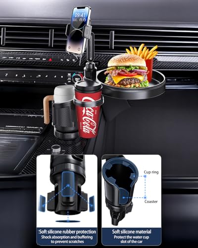 4-in-1 Upgrade Car Cup Holder Tray- Expandable Car Food Table Tray | Multifunctional Detachable Car Tray with Phone Holder | Adjustable Cup Holder for Car Road Trip Essentials