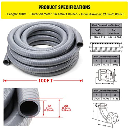 DWALE Liquid-Tight Conduit and Connector Kit,Flexible Non Metallic Liquid Tight Electrical Conduit,3/4inch 100ft Electrical Conduit Kit,with 5 Straight and 3 Angle Fittings Included,3/4 in. Dia - size: 100FT-3/4"
