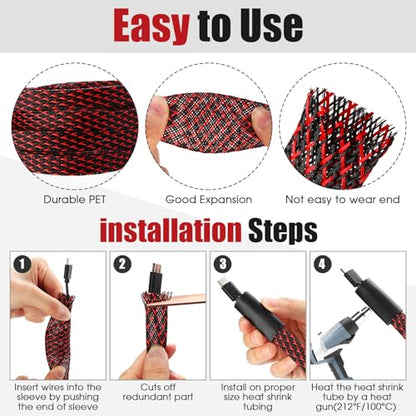 Tatuo 65.6 ft Braided Cable Sleeve Expandable Wire Sheathing(Red, Black) - color: Red, Black, size: 65.6 ft