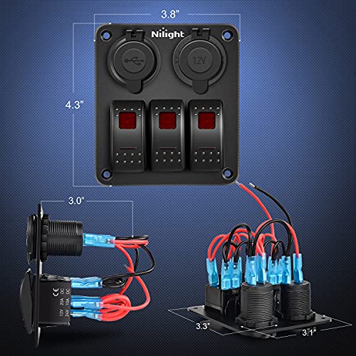 Nilight 3 Gang Rocker Switch Panel SPST On Off 12 Volt Toggle Red - color: Red, size: 3+2 Gang Dual USB