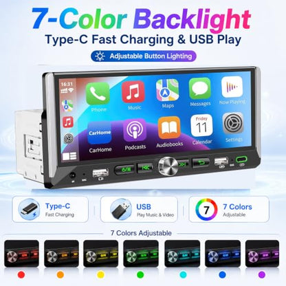 Single Din Car Stereo with Wireless Apple Carplay Android Auto 6.9'' Touchscreen 50W x 4 Output Car Radio bluetoothBackup Camera Mirror Link Navigation USB Type-C Fast Charging FM/AM EQ SWC