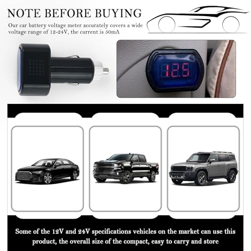 Car Cigarette Lighter Voltage Meter with LED Digital Display,Mini Car Voltage Meter for Monitoring Vehicle Battery Voltages Status,24V/12V Socket Voltmeter as Battery Voltages Meters