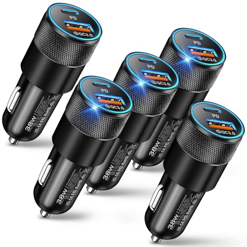 Car Charger, 5Pack 38W Dual Ports USB-C+USB-A Cigarette Lighter Adapter - color: 5-Pack Black