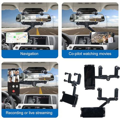 kelofam Phone Mount for Car,Car Rear View Mirror Phone Holder, Multifunctional 360°Rotatable and Retractable Tablet Holder for Car，Suitable for iPhone,iPad,Samsung Z Fold 7 6 5, All Foldable Phones
