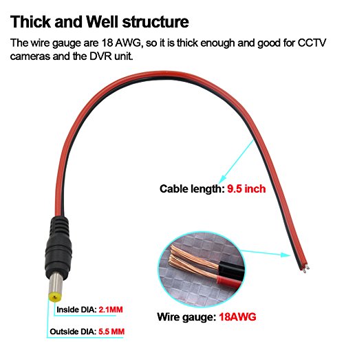 (Real 18AWG 43x2pcs Wires 20pcs Male DC Power Pigtail Cable, 12V 5A DC Connectors for CCTV Security Camera and Lighting Power Adapter (2.1mm x 5.5mm, Ultra Thick) (Pack of 2) - size: 20 Pcs DC Power Pigtail Cable Male (Pack of 2)