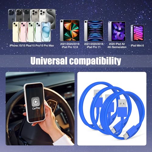 3-Pack Blue [3.3FT+3.3FT+6FT] USB A to USB C Cable, Compatible with iPhone 15/16, iPad, Samsung, MacBook, PS5 and More, Fast Charging, Carplay Cable - color: Blue, size: 6FT+3.3FT+3.3FT