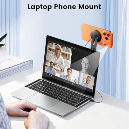 Magnetic Laptop Phone Mount with 15W Fast Wireless Charger, Compatible for iPhone 12-17 Series & All Phones, Adjustable Laptop Phone Holder for Tesla Model 3/Y/S/X Desktop Screen Stand - color: Black