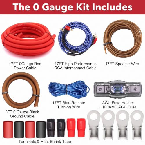 0 Gauge Amplifier Wiring Kit 3000W,Complete Car Audio Install kit with 17FT 0 AWG CCA Power Cable,RCA Cable & Speaker Wire,100A Fuse Holder,OFC Ground | for Subwoofer Amp Installation - size: 0 Gauge