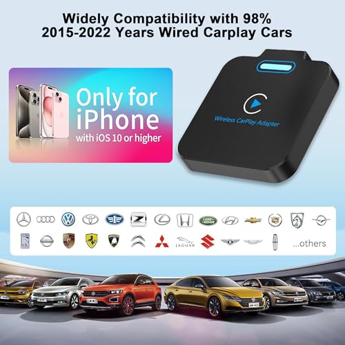 Wireless CarPlay Adapter for Apple - Convert Wired to Wireless, Plug & Play Dongle for iPhone & Factory Wired Cars - Fit Cars from 2016 and iOS 10+ - style: square