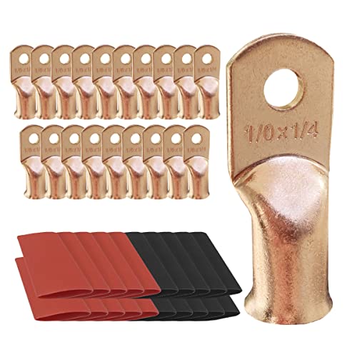 10pcs 1/0 AWG-1/4 Ring Battery Lugs, Copper Lugs, Battery Cable Ends, Tubular Ring Terminals, Crimp Wire Ring Lugs, Battery Terminal Connectors with Heat Shrink Tubing (10, 1/0 Awg - 1/4" (M6) Ring) - size: 1/0 Awg - 1/4" (M6) Ring