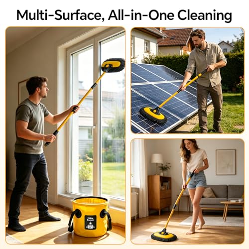 7 in 1 Car Wash Kit with 20L Folding Bucket & Brush, Extendable Car Wash Brush with 40.5" Long Handle, 15° Curved Aluminum Pole, Scratch-Free Microfiber Chenille Mop for SUV Truck RV, Yellow - color: Yellow
