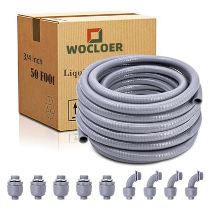 3/4inch 50 Foot Liquid-Tight Conduit Kit, Flexible Non Metallic Electrical Conduit and Connector Kit, With 5 Straight and 4 90-Degree Angle Connector Fittings - size: 3/4inch 50Ft