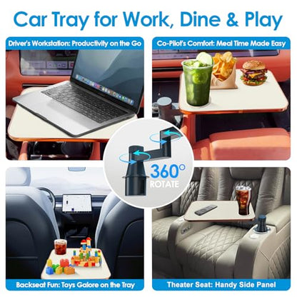 Car Tray& Car Desk for Laptop,Dual 360° Rotating,Anti Slip Leather Surface, Food Tray, Cup Holder Table Compatible with Tesla Model Y/3/S, Ford F150/Explorer/Maverick/Home Theater Seating (White) - color: White