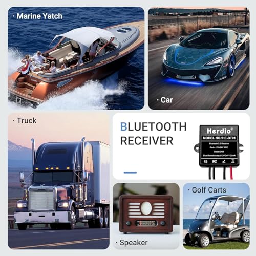 Herdio Marine Bluetooth Receiver IP67 Waterproof, BT 5.3 Remote Wireless Connectivity, Stero Male RCA Output, Bluetooth Receiver for Car, Marine Yacht, Truck, Motorcycle, Golf Cart, Speakers