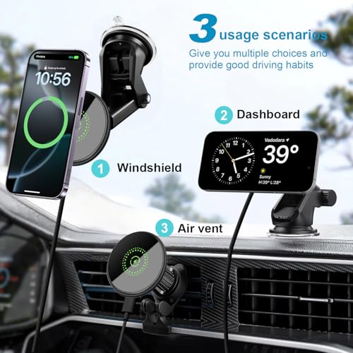 25W Magnetic Fast Wireless Car Charger Phone Holder Compatible with Magsafe, iPhone 17 16 15 14 13 12, Air Vent Dashboard Windscreen Mount