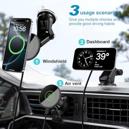 25W Magnetic Fast Wireless Car Charger Phone Holder Compatible with Magsafe, iPhone 17 16 15 14 13 12, Air Vent Dashboard Windscreen Mount