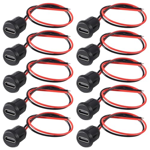 10PCS Type-C Female Chassis 2P Direct Crimp USB C Connector Jack Female Charging Port Waterproof with Card Buckle 3A High Current Port USB-C Charger Plug -Black Round - style: B