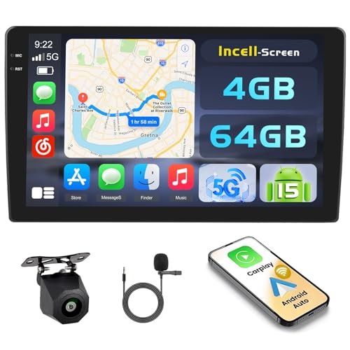 [4+64G] Hikity Android 15 Carplay Stereo Double Din, 9'' in-Cell Touch Screen Radio Wireless Carplay Android Auto 5G WiFi Car Stereo Bluetooth 5.0 Mirror Link GPS SWC FM/RDS/EQ, AHD Backup Camera+Mic - style: 2+64G HiFi